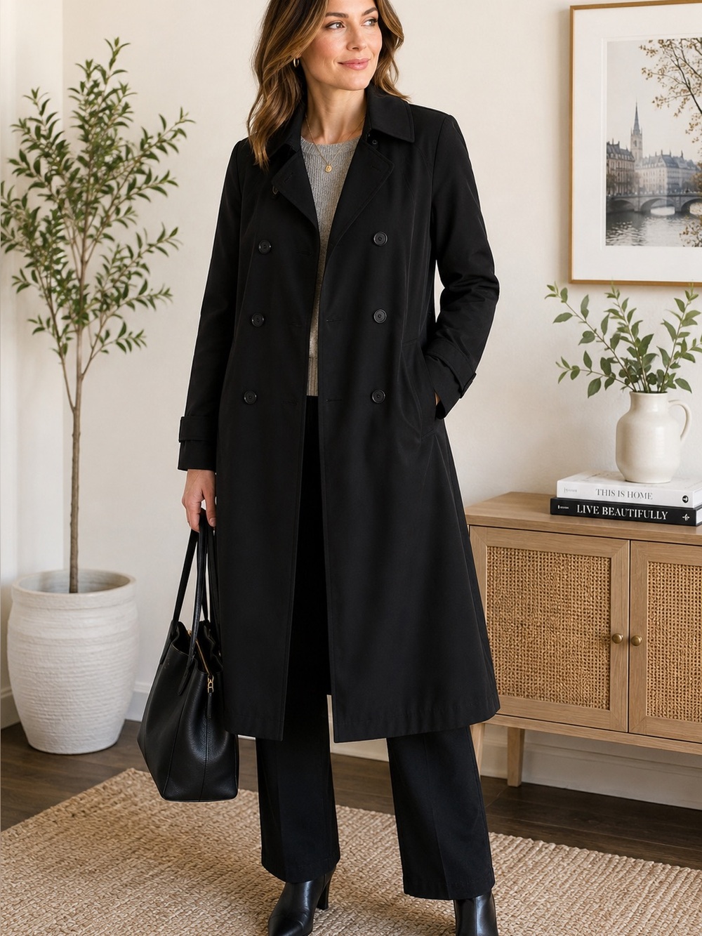 Canvas Gallery Company Black Long Double Breasted Trench Coat Petite medium